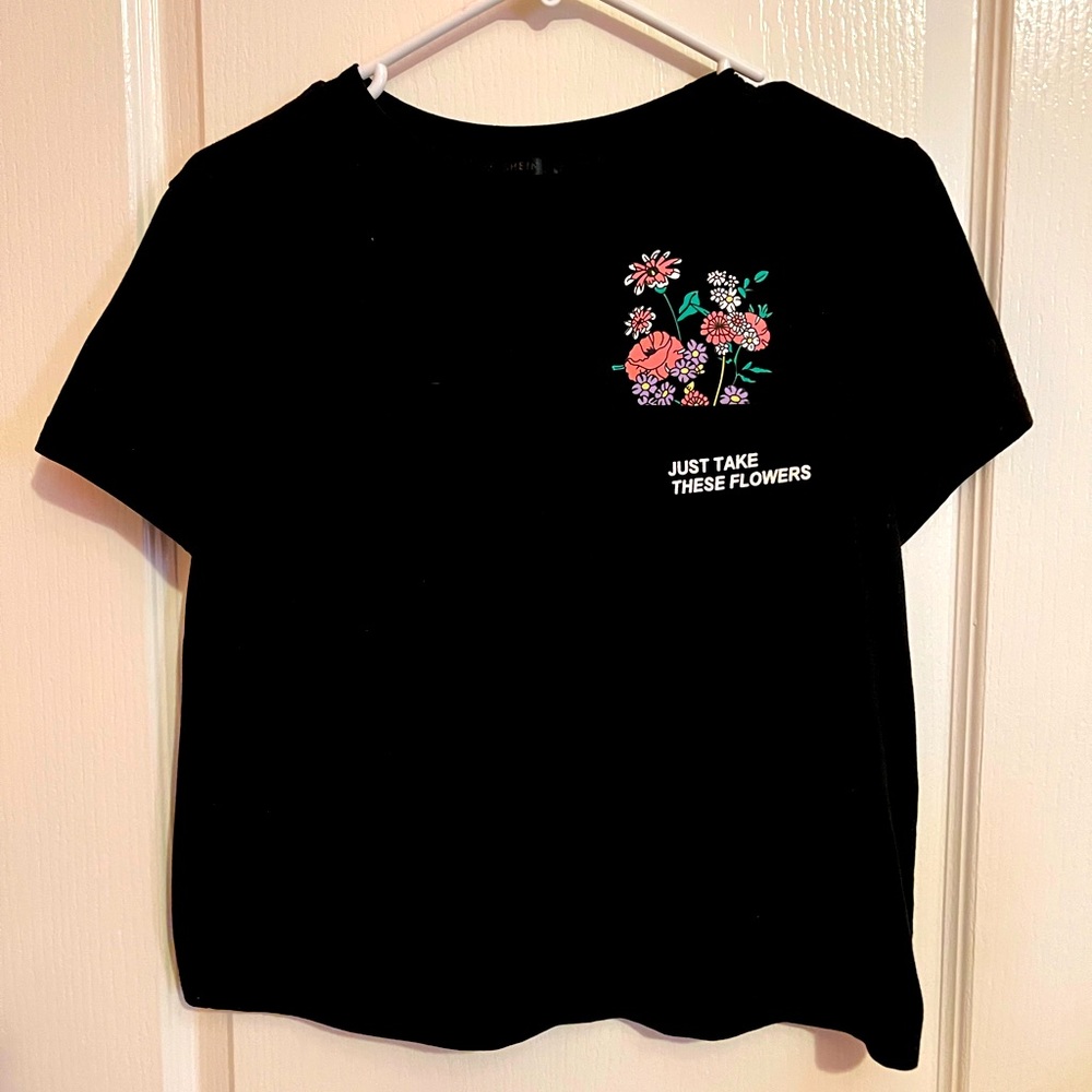 Just take these flowers cute black tee from SHEIN. Size S